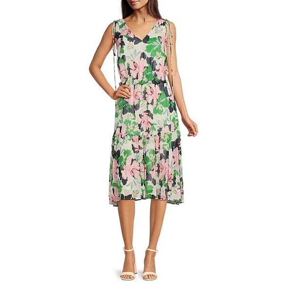 Tommy Hilfiger Green Pink Floral Chiffon Cinched Tie Shoulder Midi Dress V Neck - Picture 1 of 11